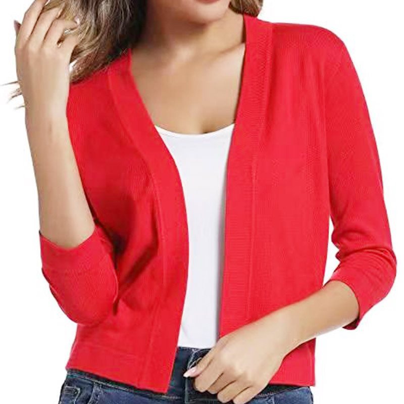 Open Front Casual Cardigan with Three-Quarter Sleeves