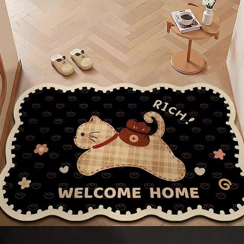 Feline Charm Decorative Floor Mat with Cat Designs and Floral Accents