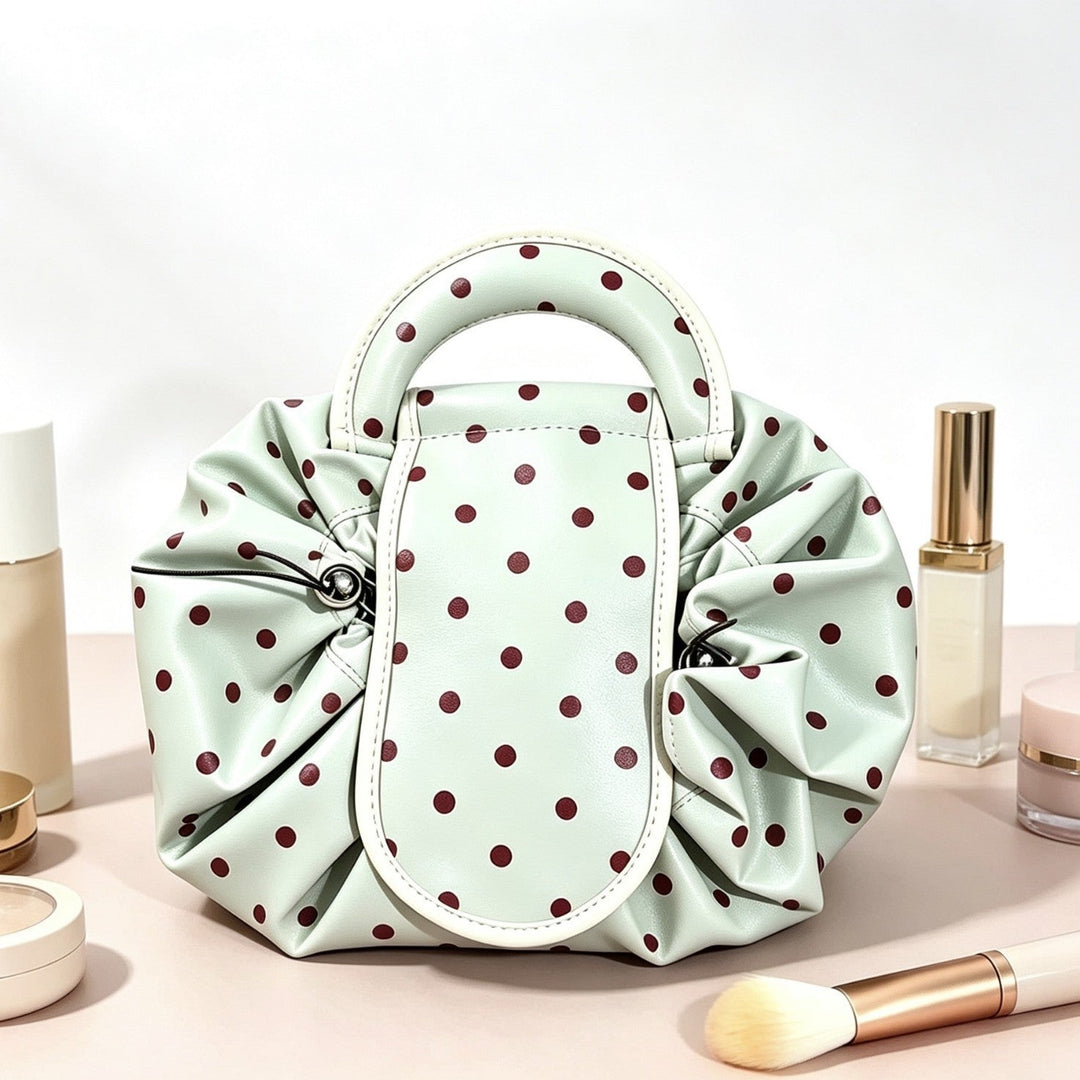 Polka Dot Structured Handbag with Ruffled Design