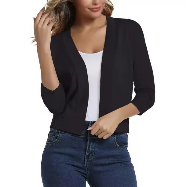 Open Front Casual Cardigan with Three-Quarter Sleeves