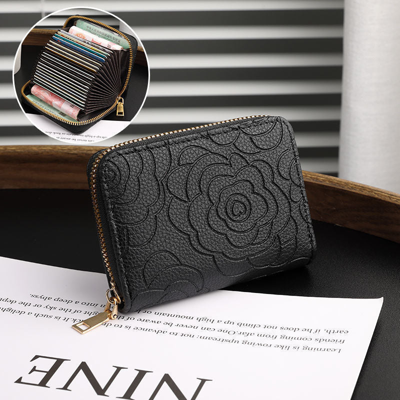 Embossed Floral Leather Zip Wallet for Women