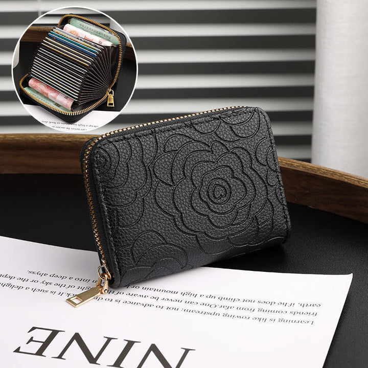 Embossed Floral Leather Zip Wallet for Women