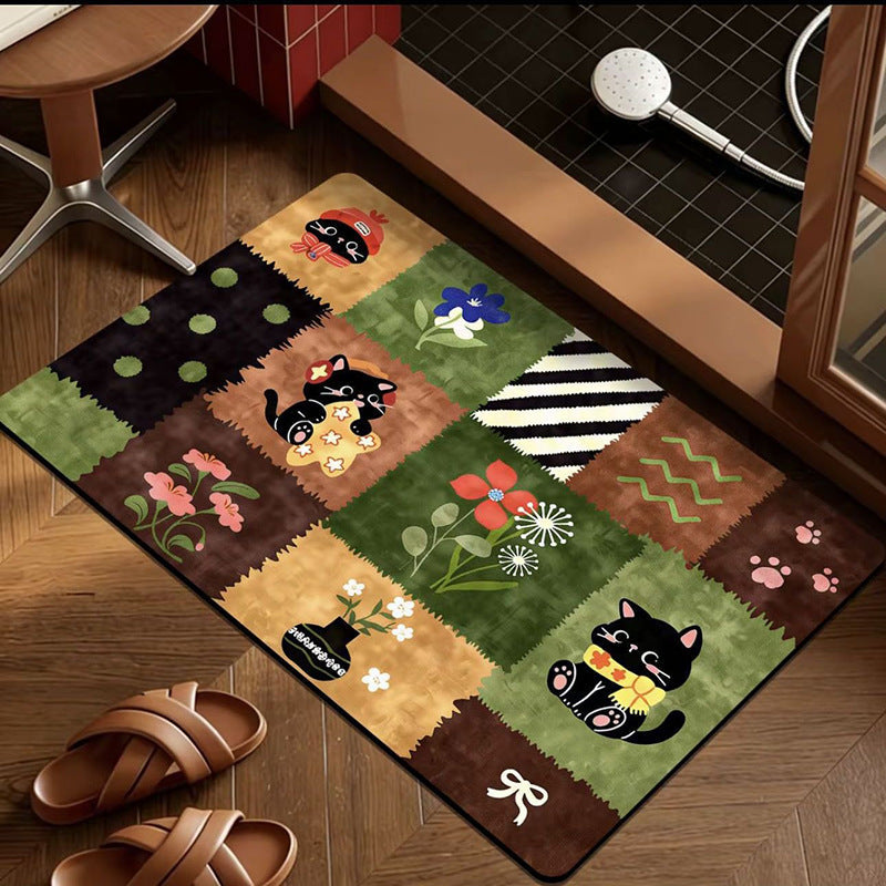 Feline Garden Bath Mat - Soft Plush Bathroom Rug with Cat & Floral Design