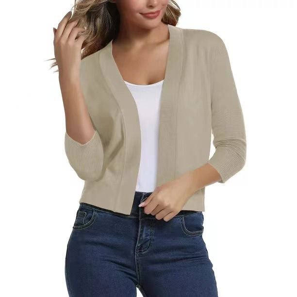 Open Front Casual Cardigan with Three-Quarter Sleeves
