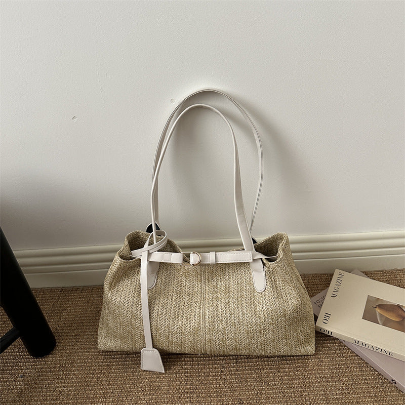 Natural Woven Straw Shoulder Tote - Handcrafted Summer Bag