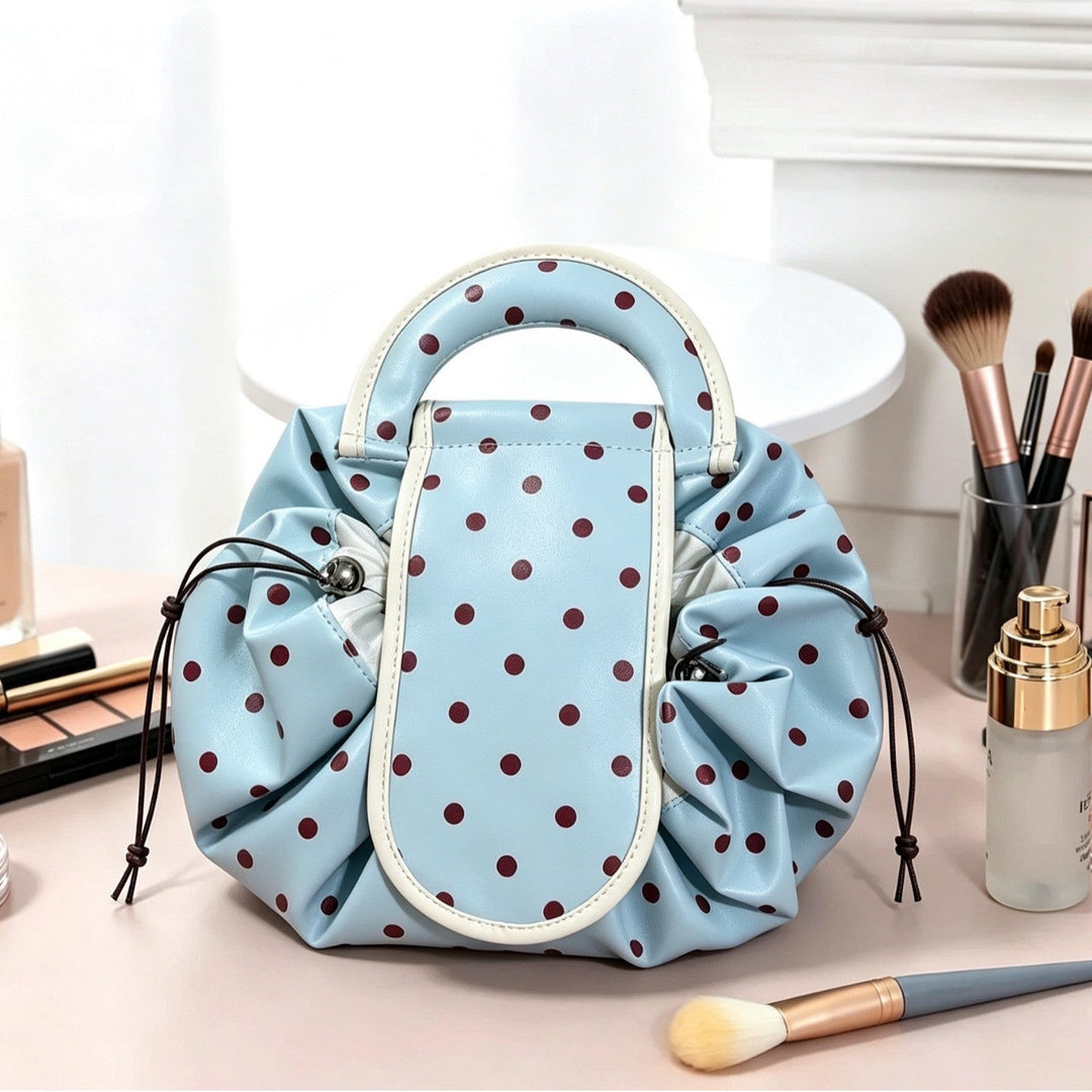 Polka Dot Structured Handbag with Ruffled Design