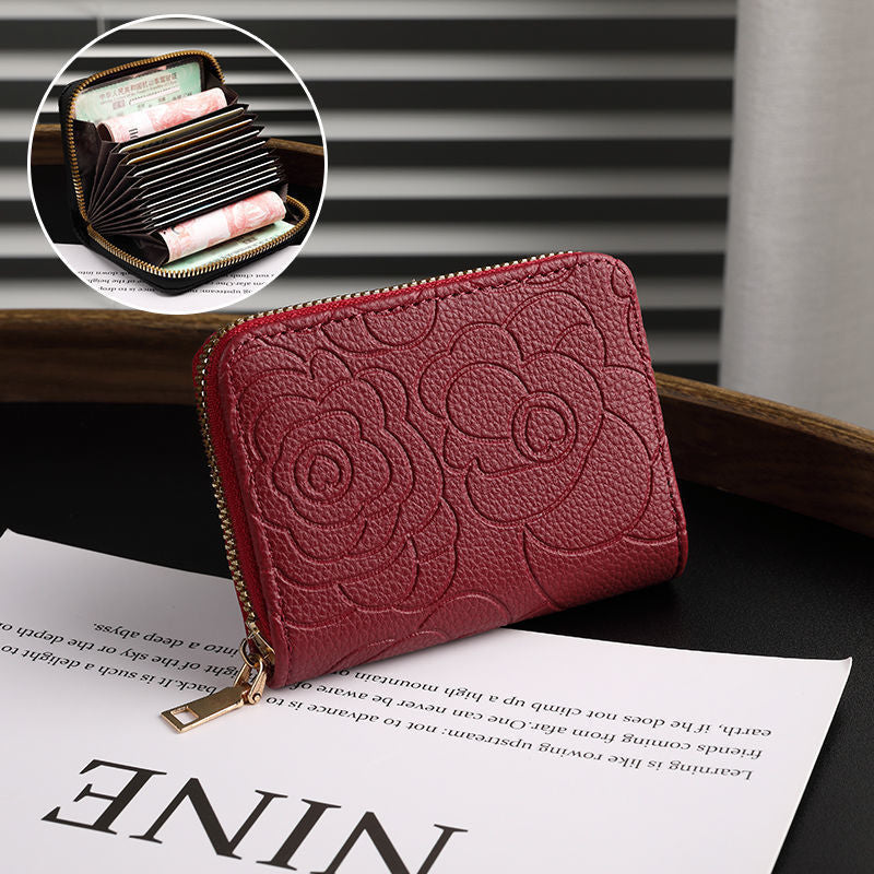 Embossed Floral Leather Zip Wallet for Women