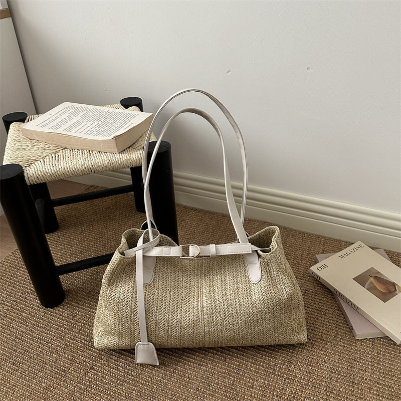 Natural Woven Straw Shoulder Tote - Handcrafted Summer Bag