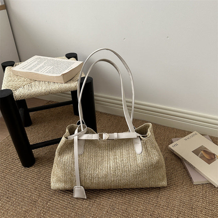 Natural Woven Straw Shoulder Tote - Handcrafted Summer Bag