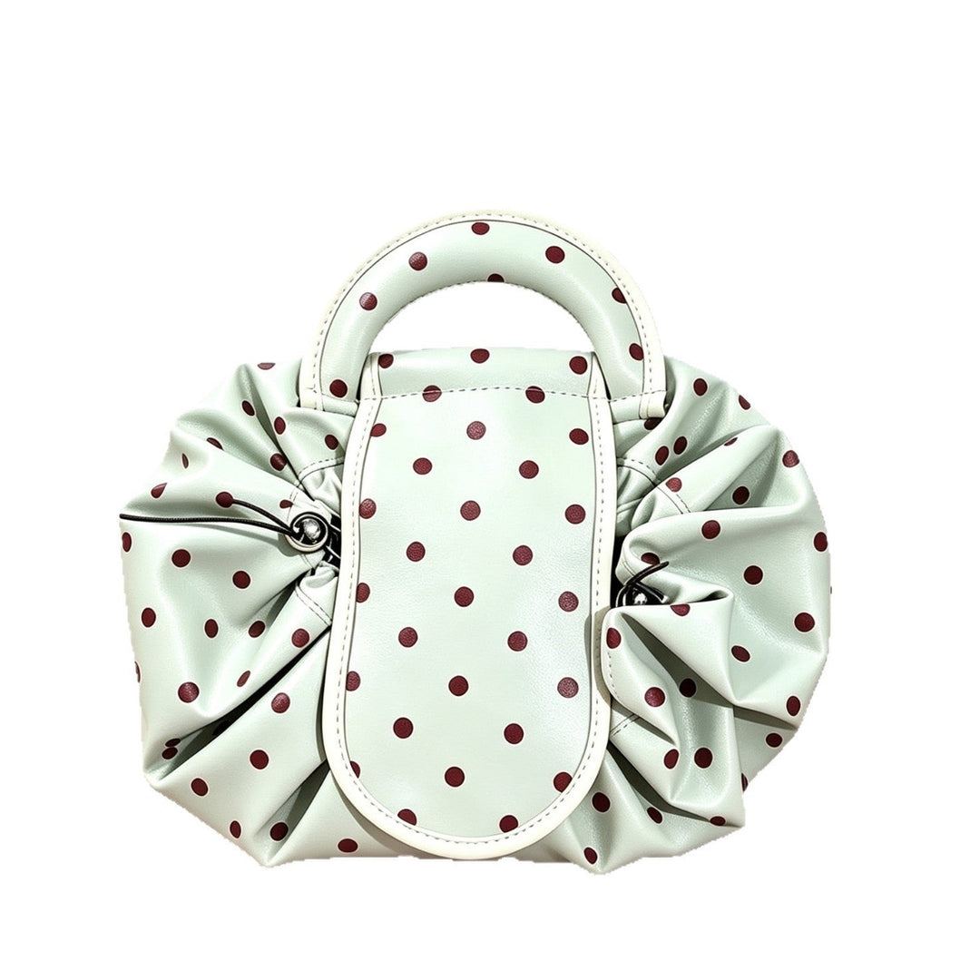 Polka Dot Structured Handbag with Ruffled Design