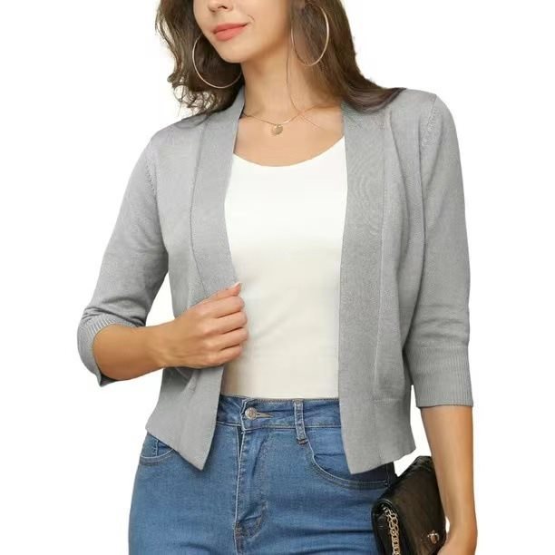 Open Front Casual Cardigan with Three-Quarter Sleeves