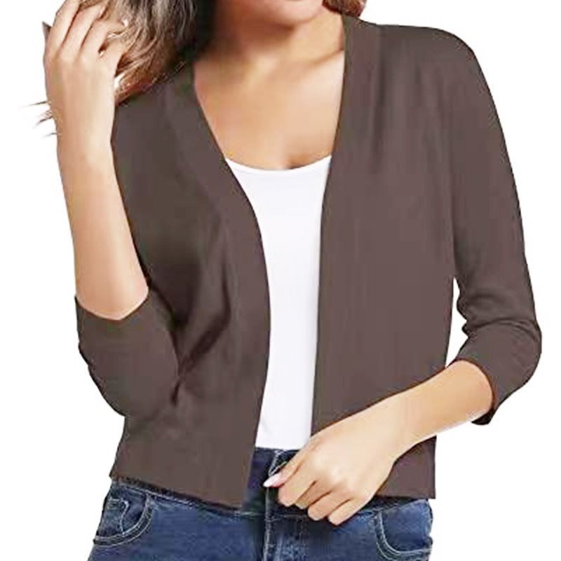 Open Front Casual Cardigan with Three-Quarter Sleeves