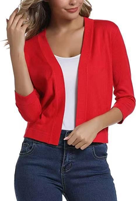 Open Front Casual Cardigan with Three-Quarter Sleeves