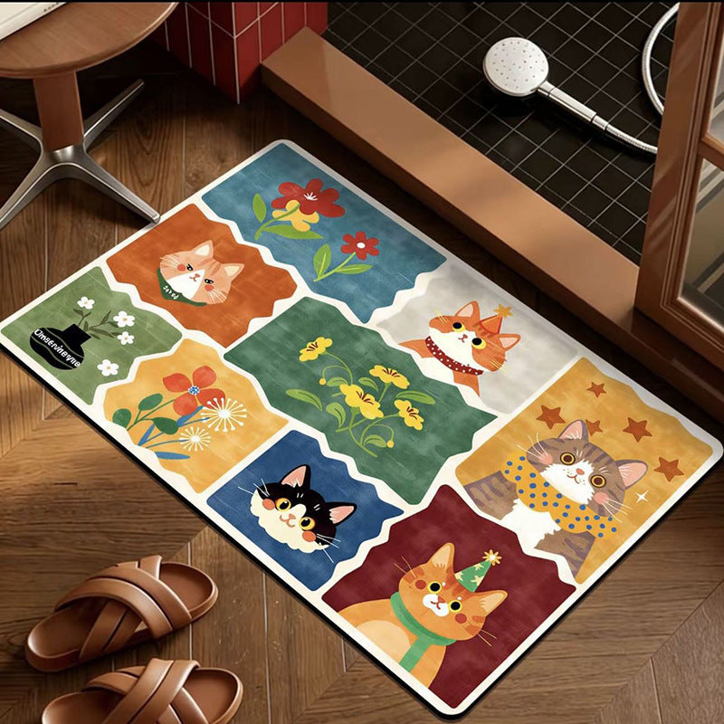 Feline Garden Bath Mat - Soft Plush Bathroom Rug with Cat & Floral Design