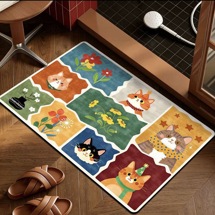 Feline Garden Bath Mat - Soft Plush Bathroom Rug with Cat & Floral Design