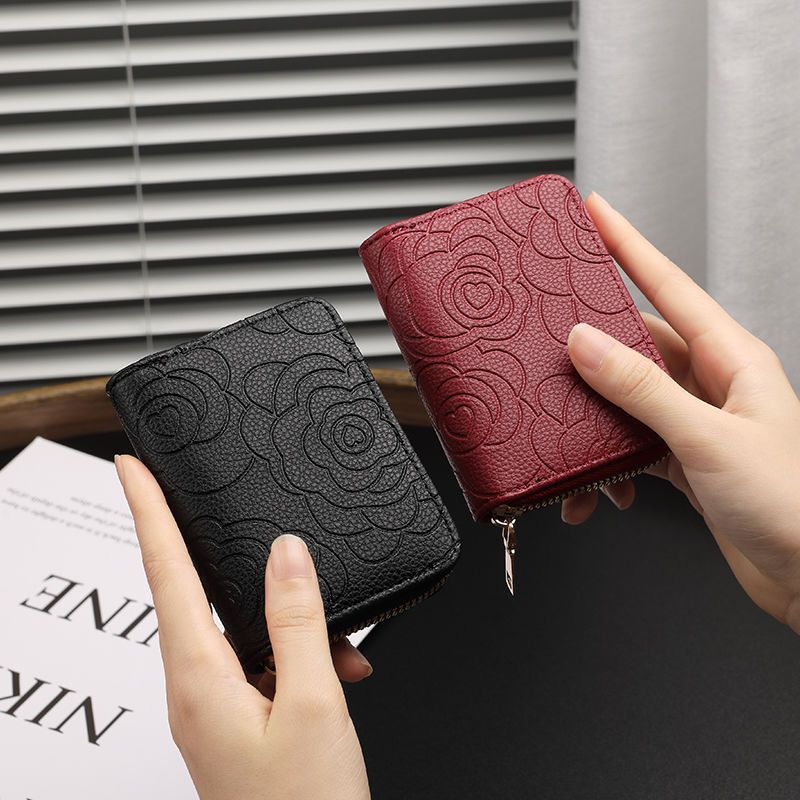 Embossed Floral Leather Zip Wallet for Women