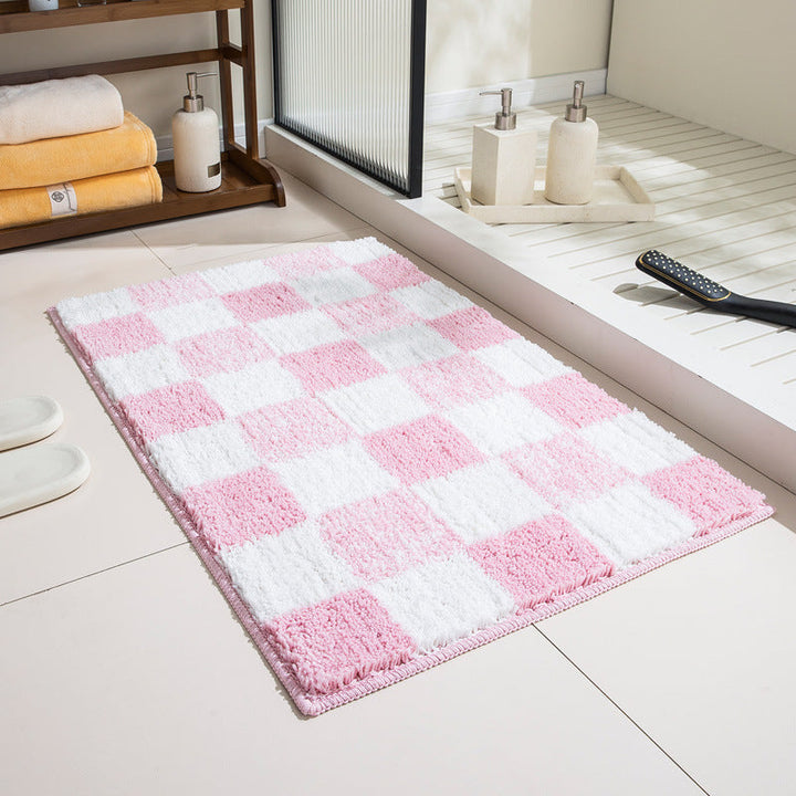 Premium Checkered Plush Bathroom Mat with Non-Slip Backing