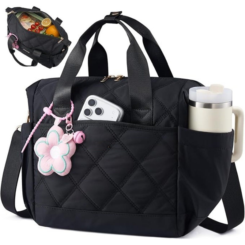 Diamond Pattern Insulated Lunch Tote with Multiple Pockets