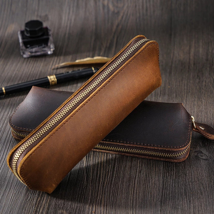 Elegant Leather Zippered Writing Case for Pens and Pencils