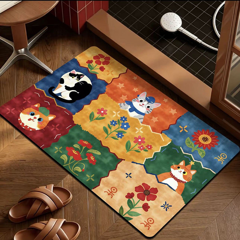 Feline Garden Bath Mat - Soft Plush Bathroom Rug with Cat & Floral Design