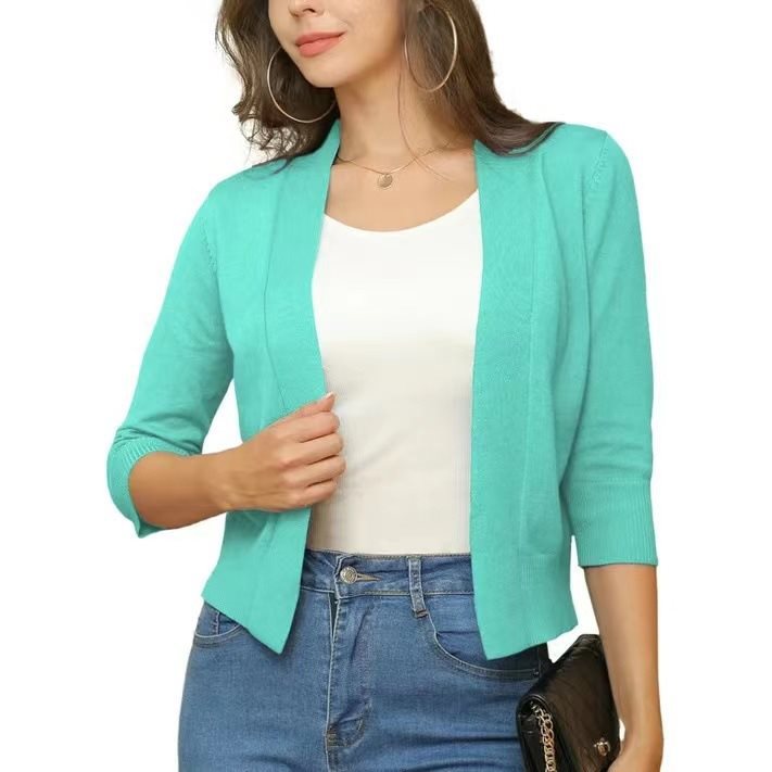Open Front Casual Cardigan with Three-Quarter Sleeves