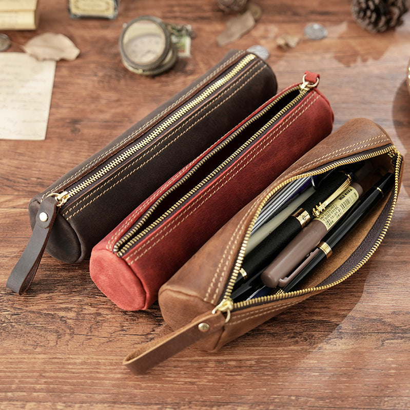 Premium Leather Writing Instrument Organizer with Zipper Closure