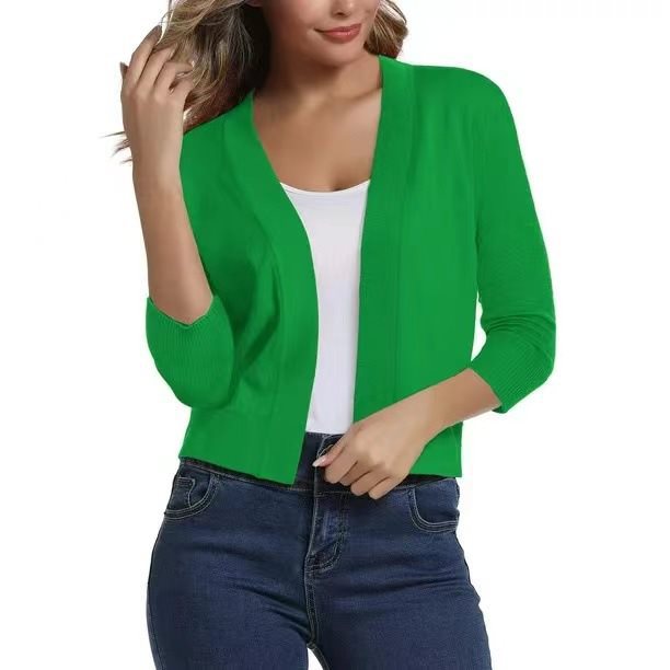 Open Front Casual Cardigan with Three-Quarter Sleeves
