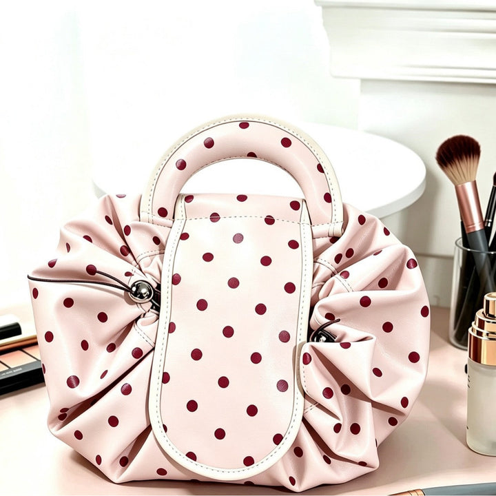 Polka Dot Structured Handbag with Ruffled Design