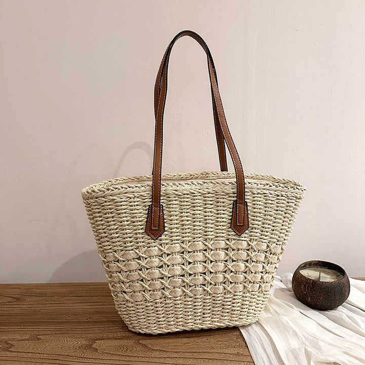Summer Woven Straw Tote Bag with Faux Leather Handles
