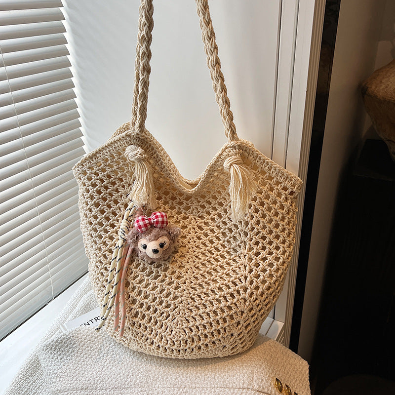 Summer Woven Straw Tote with Tassel Charm