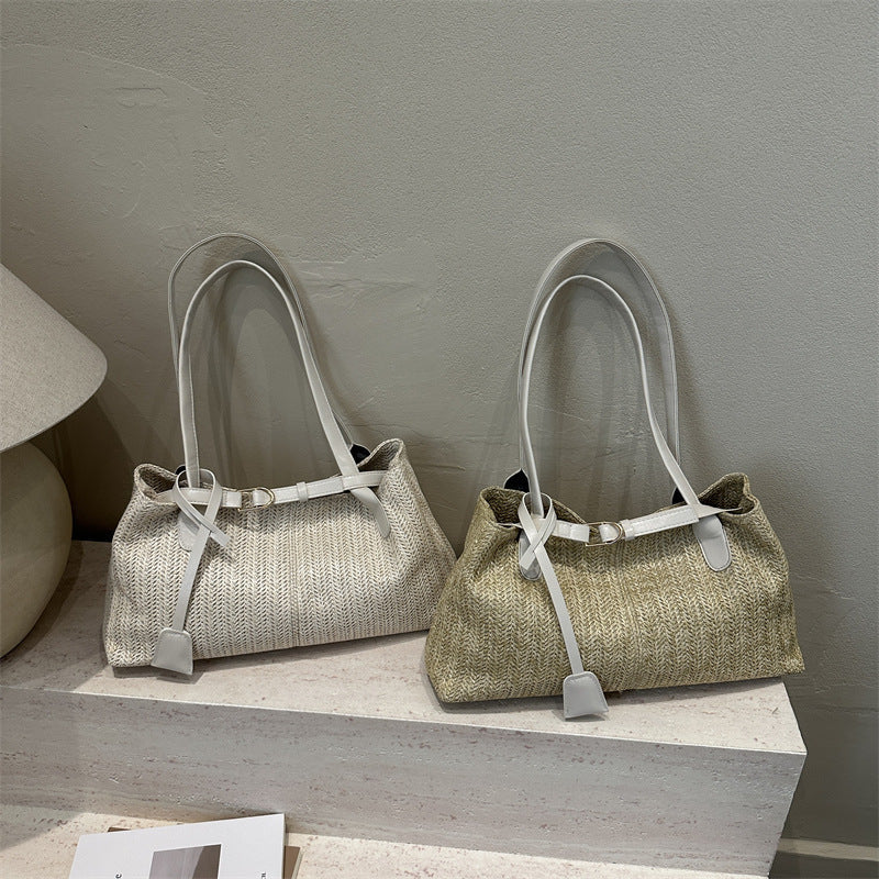 Natural Woven Straw Shoulder Tote - Handcrafted Summer Bag