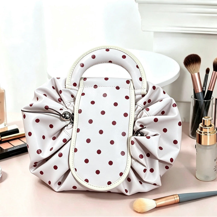 Polka Dot Structured Handbag with Ruffled Design
