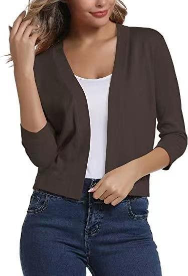 Open Front Casual Cardigan with Three-Quarter Sleeves