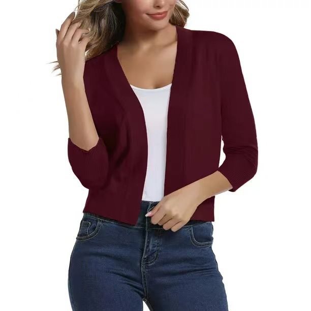 Open Front Casual Cardigan with Three-Quarter Sleeves