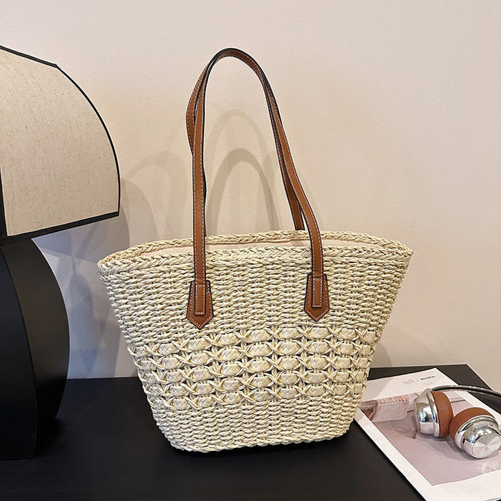 Summer Woven Straw Tote Bag with Faux Leather Handles