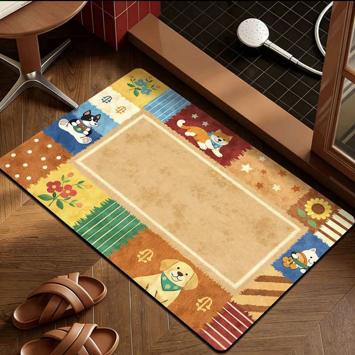 Feline Garden Bath Mat - Soft Plush Bathroom Rug with Cat & Floral Design