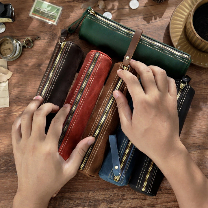 Premium Leather Writing Instrument Organizer with Zipper Closure