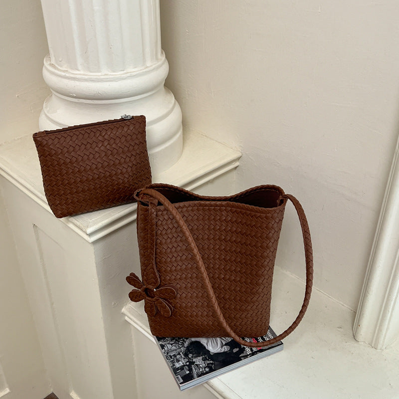 Woven Leather Floral Tote Bag with Matching Pouch