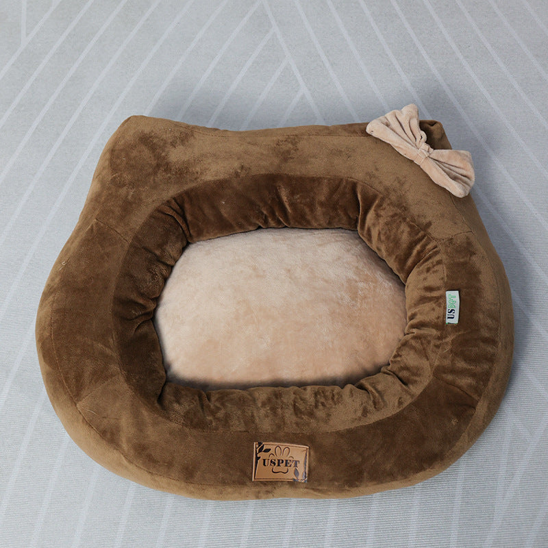 Plush Bow Accent Pet Lounger - Soft Fabric Dog Bed