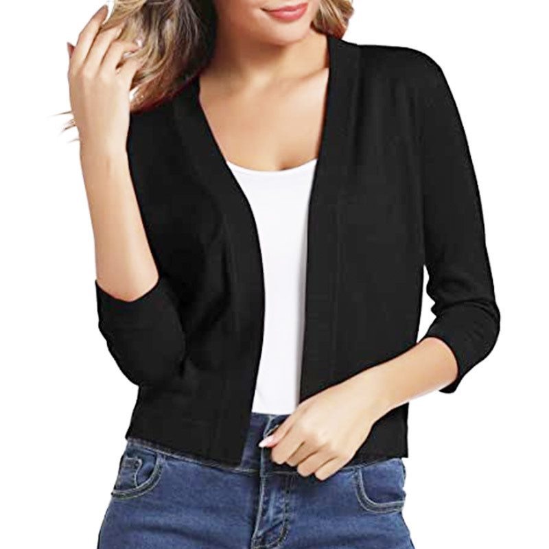 Open Front Casual Cardigan with Three-Quarter Sleeves