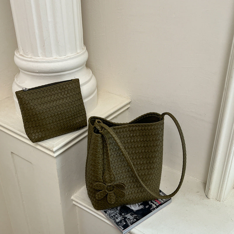 Woven Leather Floral Tote Bag with Matching Pouch