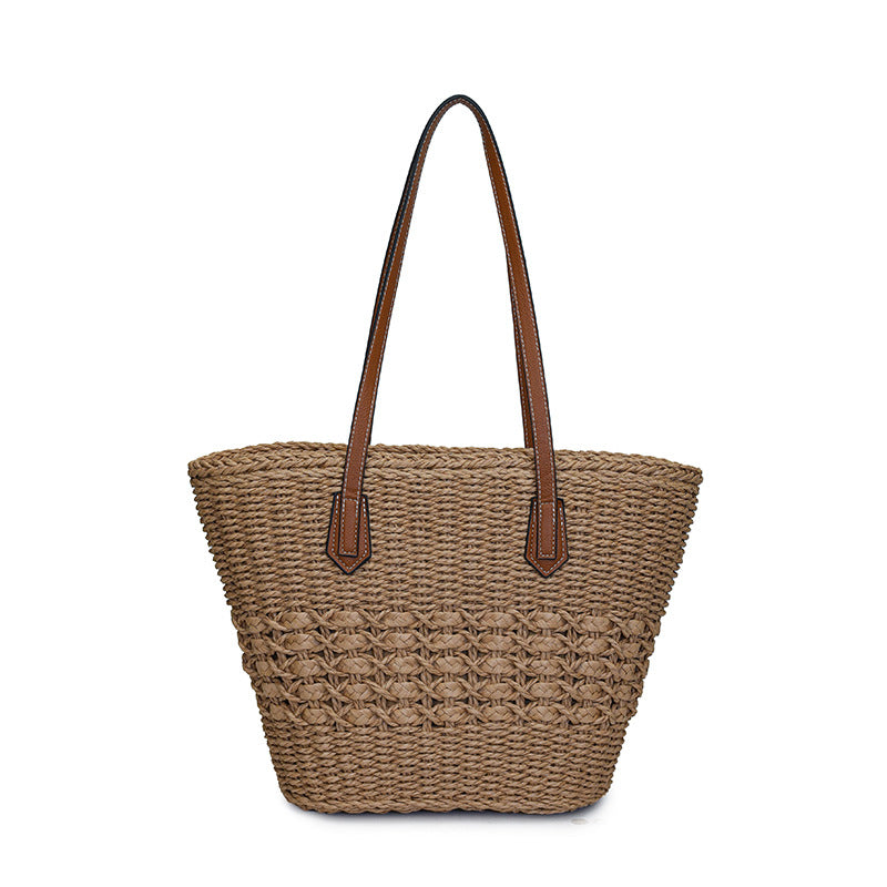 Summer Woven Straw Tote Bag with Faux Leather Handles