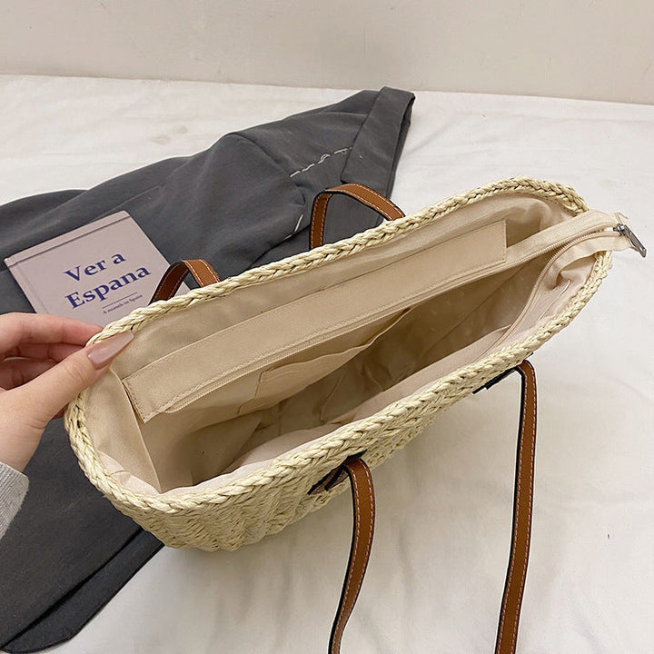 Summer Woven Straw Tote Bag with Faux Leather Handles