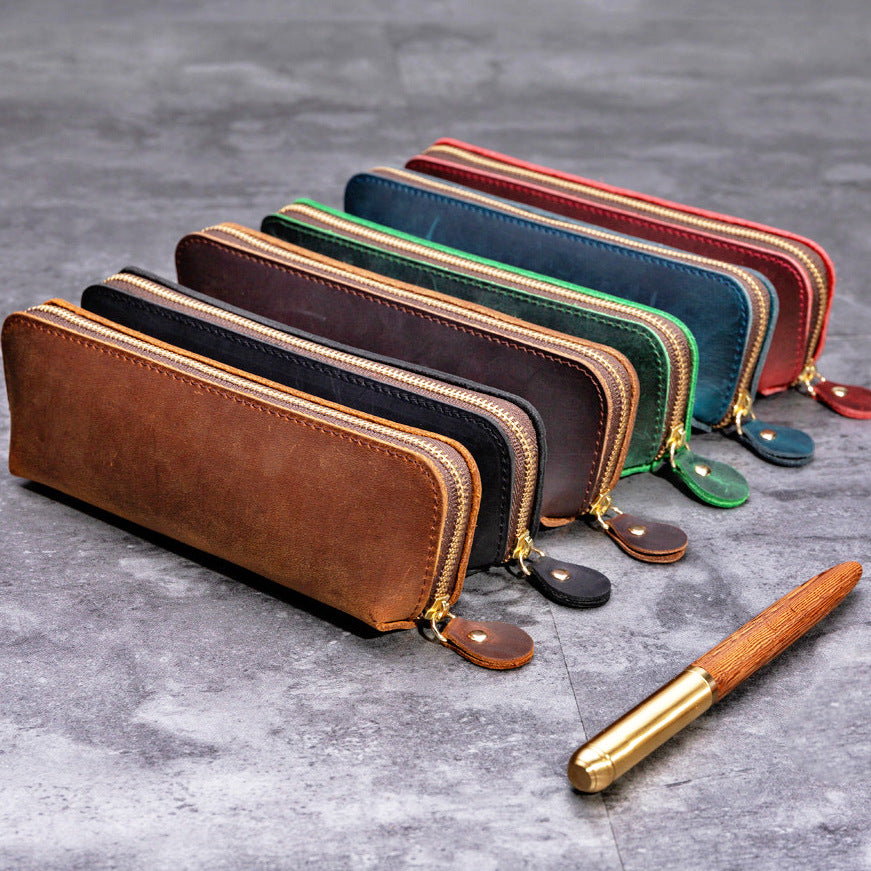 Elegant Leather Zippered Writing Case for Pens and Pencils