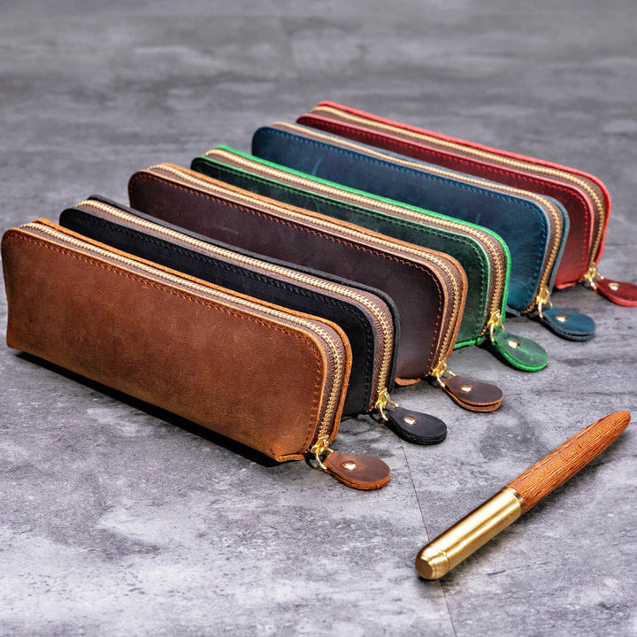 Elegant Leather Zippered Writing Case for Pens and Pencils