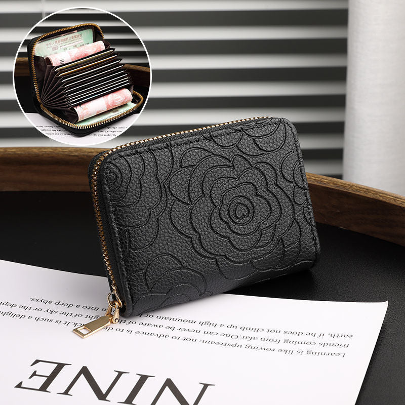 Embossed Floral Leather Zip Wallet for Women
