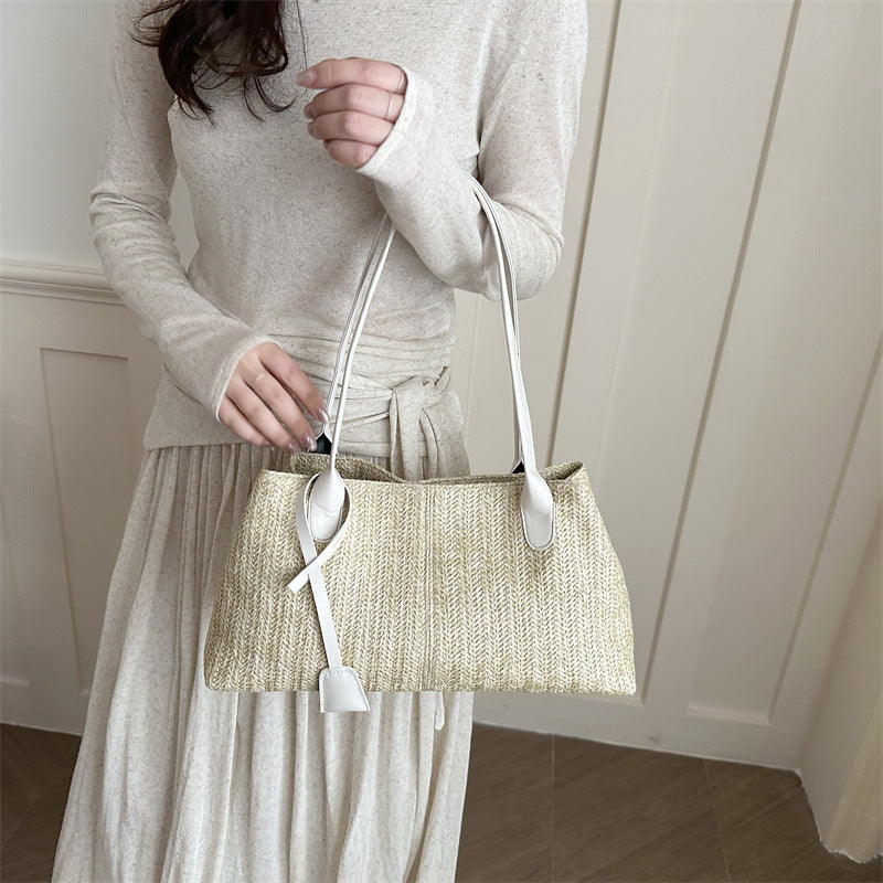 Natural Woven Straw Shoulder Tote - Handcrafted Summer Bag