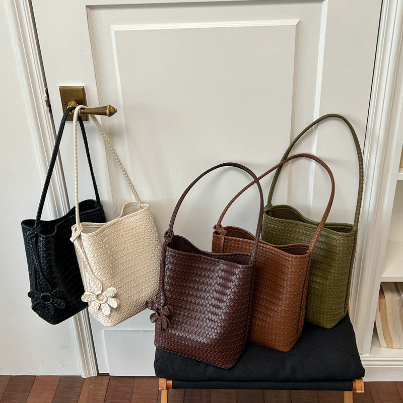 Woven Leather Floral Tote Bag with Matching Pouch