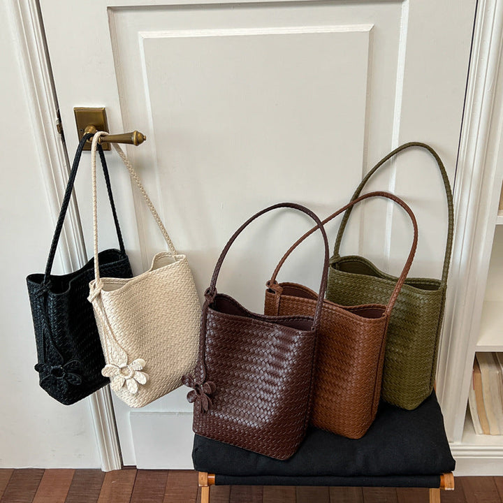 Woven Leather Floral Tote Bag with Matching Pouch