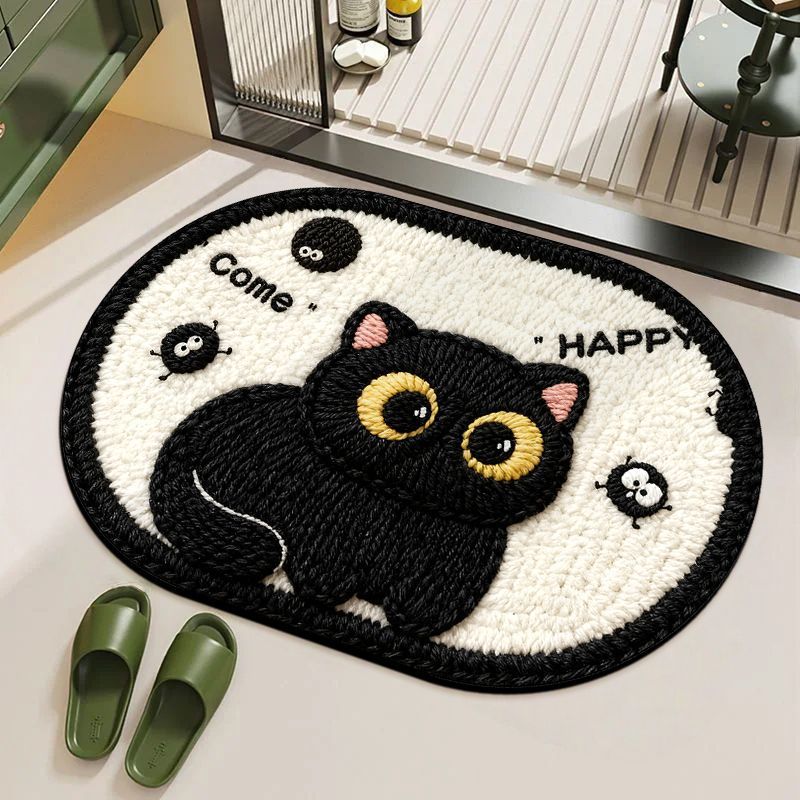 Whimsical Feline Character Bath Mat with Non-Slip Backing